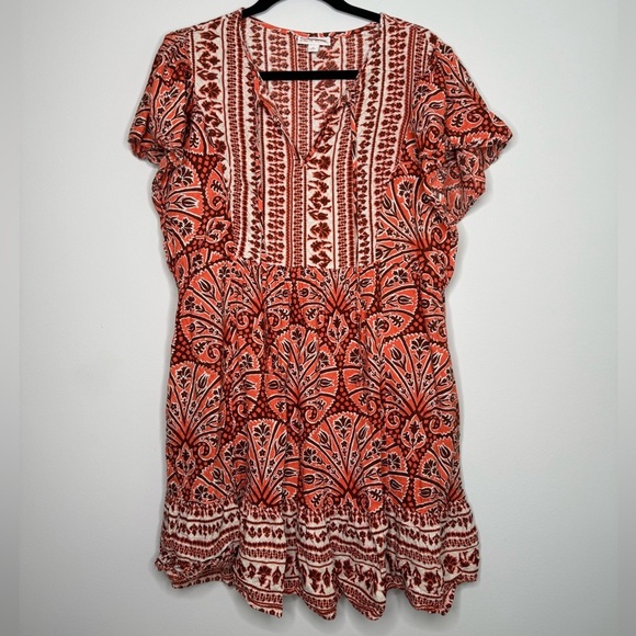 Knox Rose Ruffle Short-Sleeve A-Line Dress in orange, brown, and white paisley - Picture 3 of 8